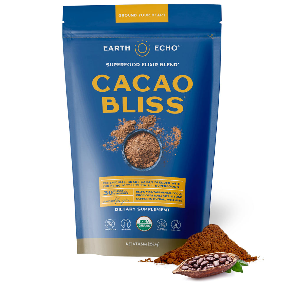 Earth Echo Cacao Bliss cup ritual showcases rich aroma for mindful sipping.