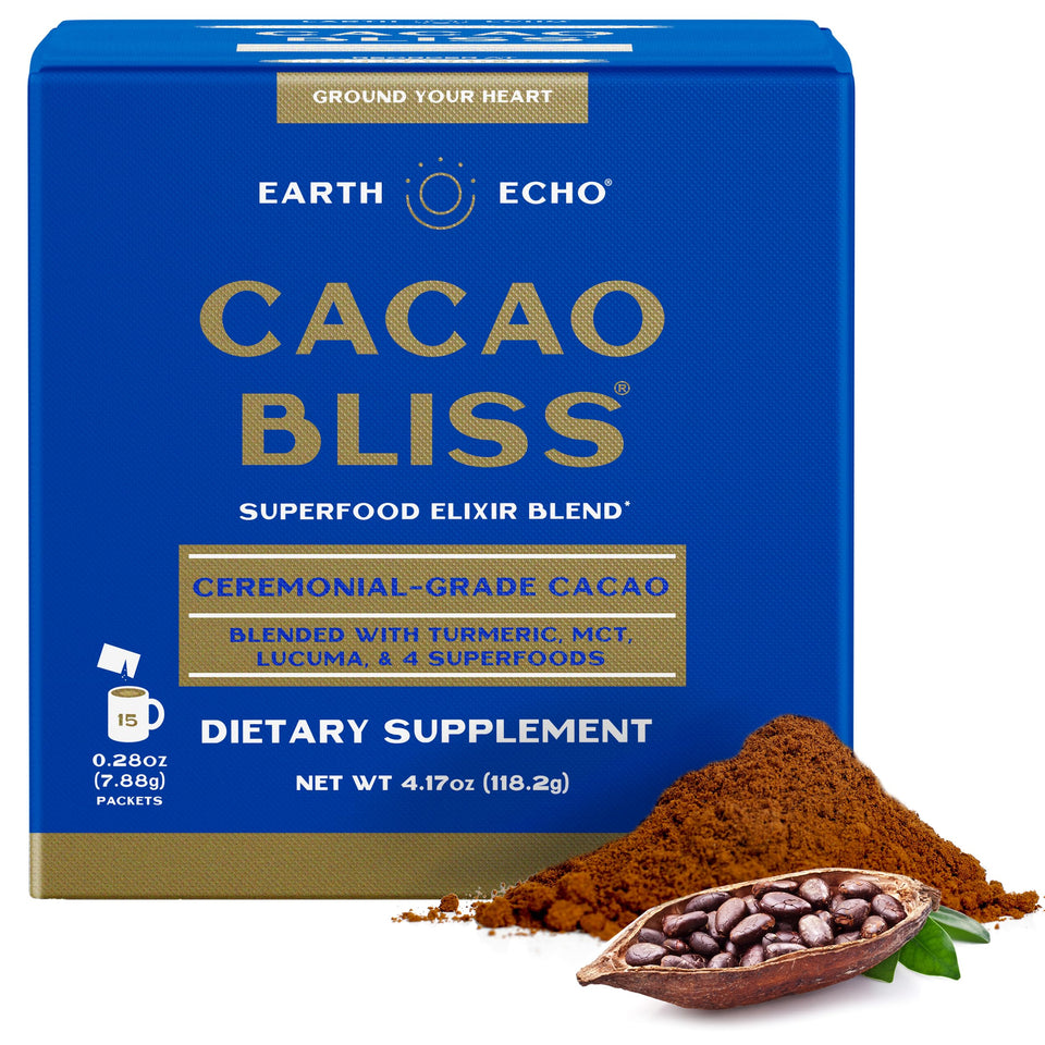 Earth Echo Cacao Bliss packet on the go for convenient, mindful snacking.