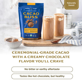 Earth Echo Cacao Bliss powder with scoop invites easy, mess-free prep.