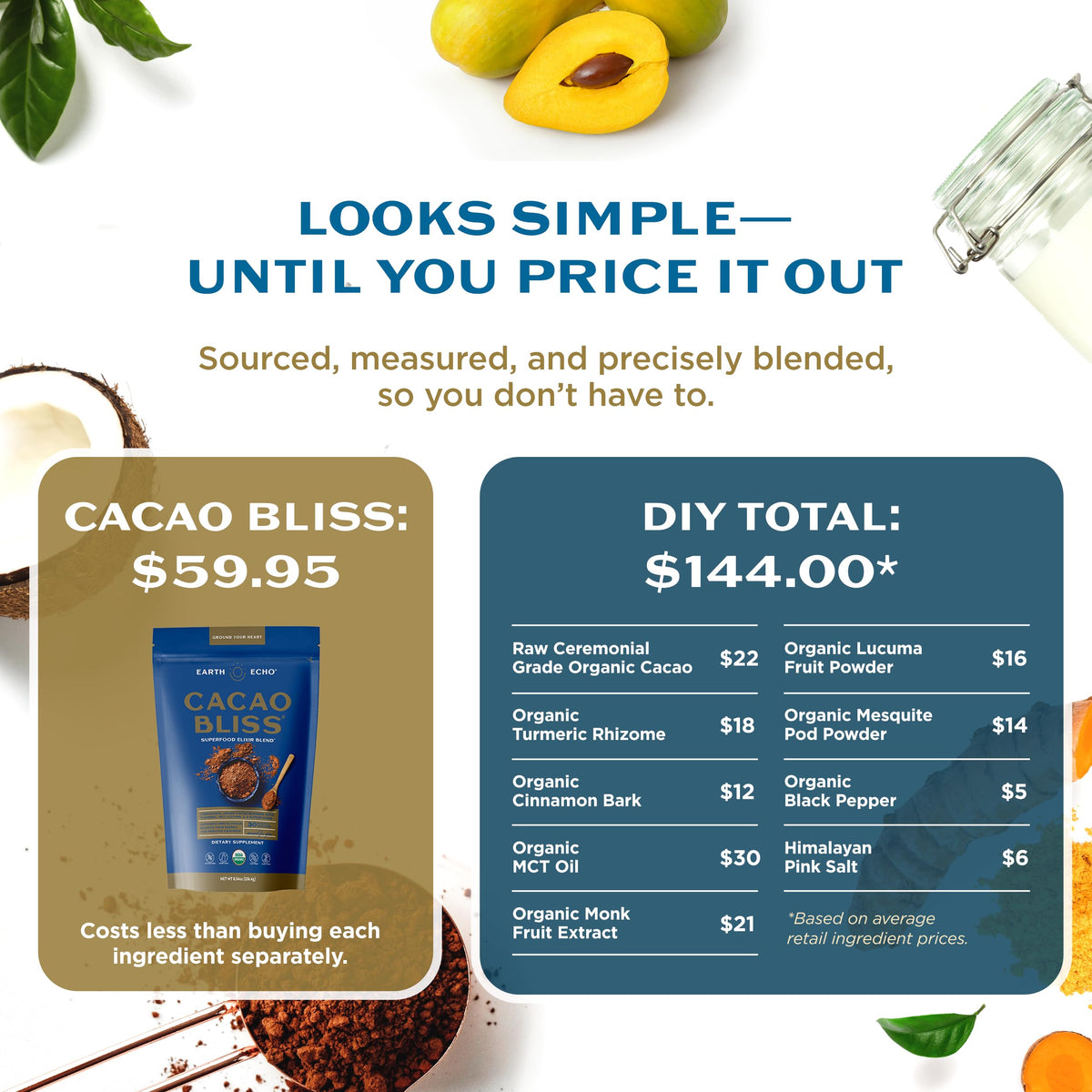 Earth Echo Cacao Bliss turmeric-amber-haze suggests warm, uplifting cacao flavor.