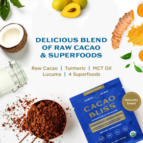 Earth Echo Cacao Bliss turmeric and MCT oil for a golden boost.
