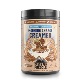 Earth Fed Muscle Morning Charge creamer in a cup boosts coffee with rich mocha flavor.
