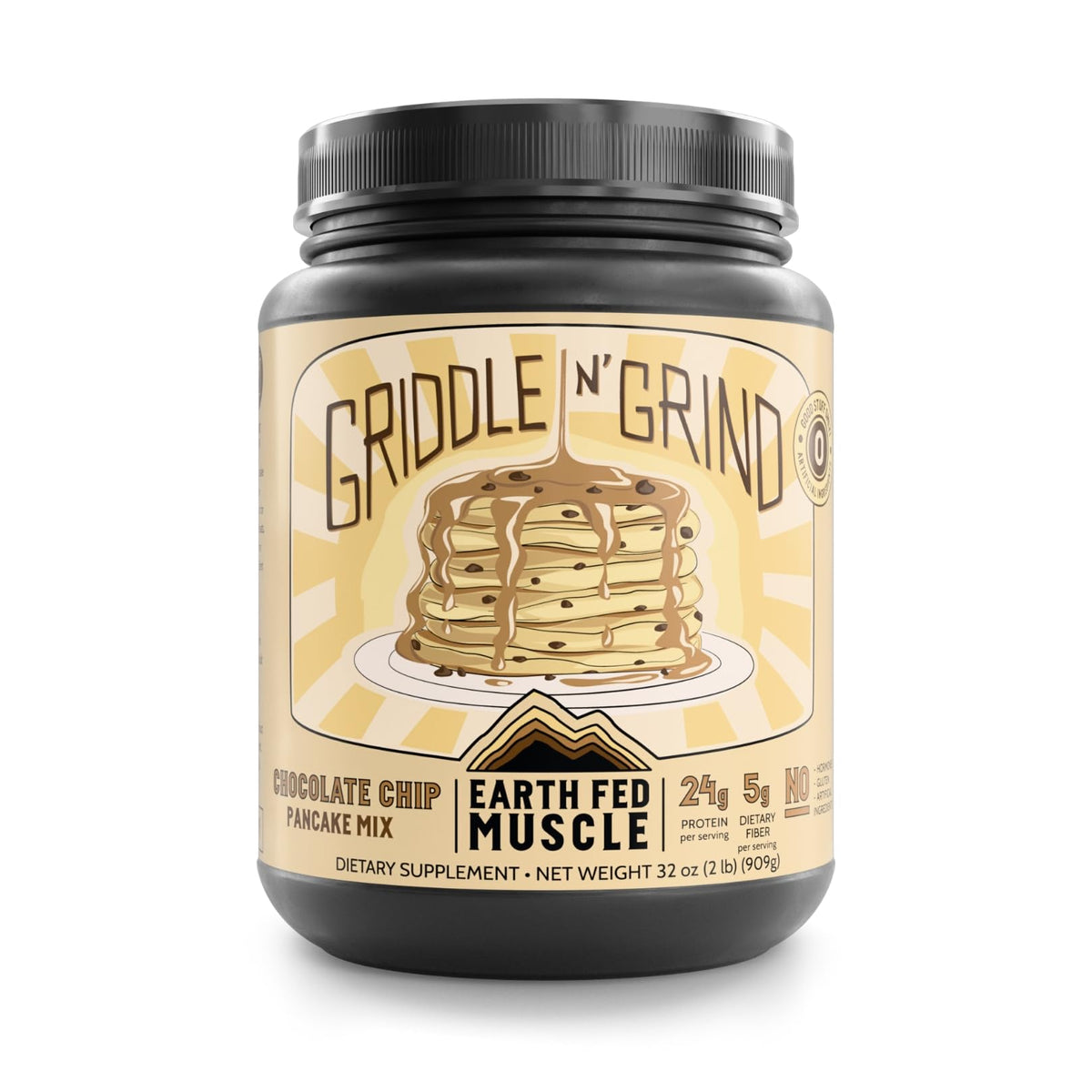 Earth Fed Muscle pancake chocolate chip stack showing high-protein breakfast appeal