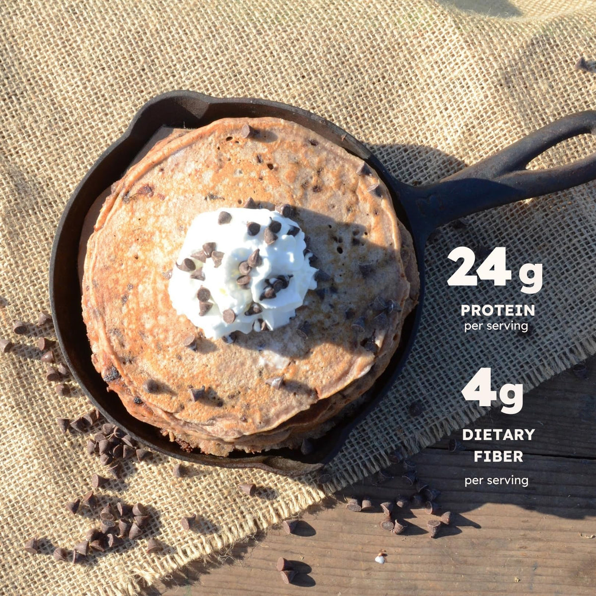 Earth Fed Muscle waffle chocolate chip served hot with syrup for a protein-rich meal