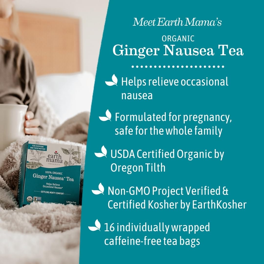 Earth Mama Ginger Nausea Tea box spine shows 16 tea bags per box
