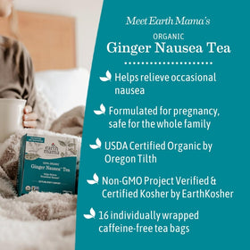 Earth Mama Ginger Nausea Tea box spine shows 16 tea bags per box
