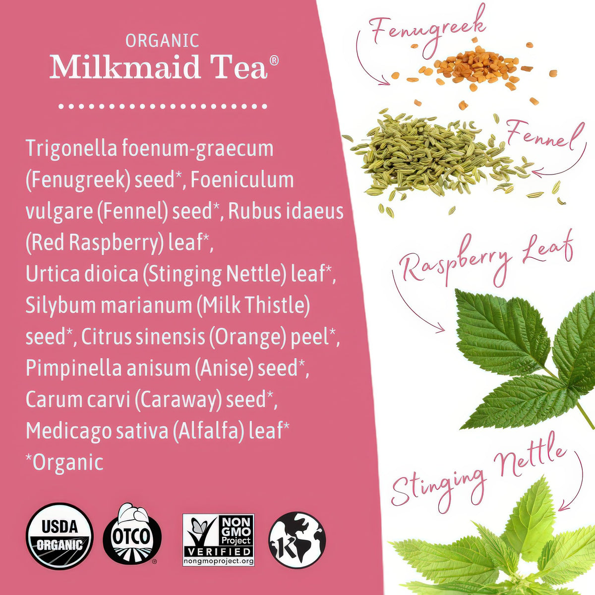 Earth Mama Milkmaid Tea label close-up showing organic ingredients