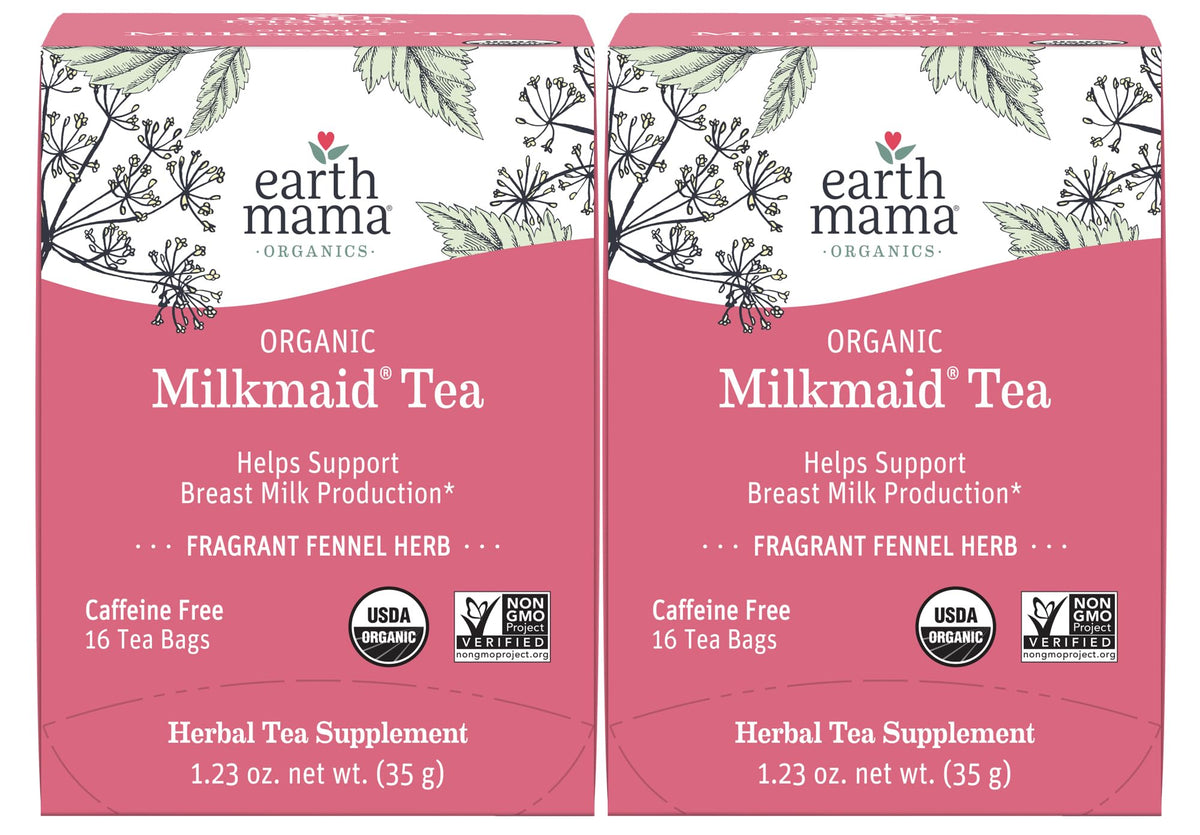Earth Mama Milkmaid Tea packaging highlighting organic ingredients for lactation support.