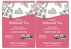 Earth Mama Milkmaid Tea packaging highlighting organic ingredients for lactation support.