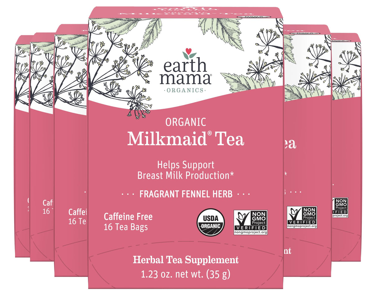 Earth Mama Milkmaid Tea packaging highlighting organic certification and comforting herbal blend