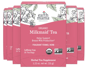 Earth Mama Milkmaid Tea packaging highlighting organic certification and comforting herbal blend