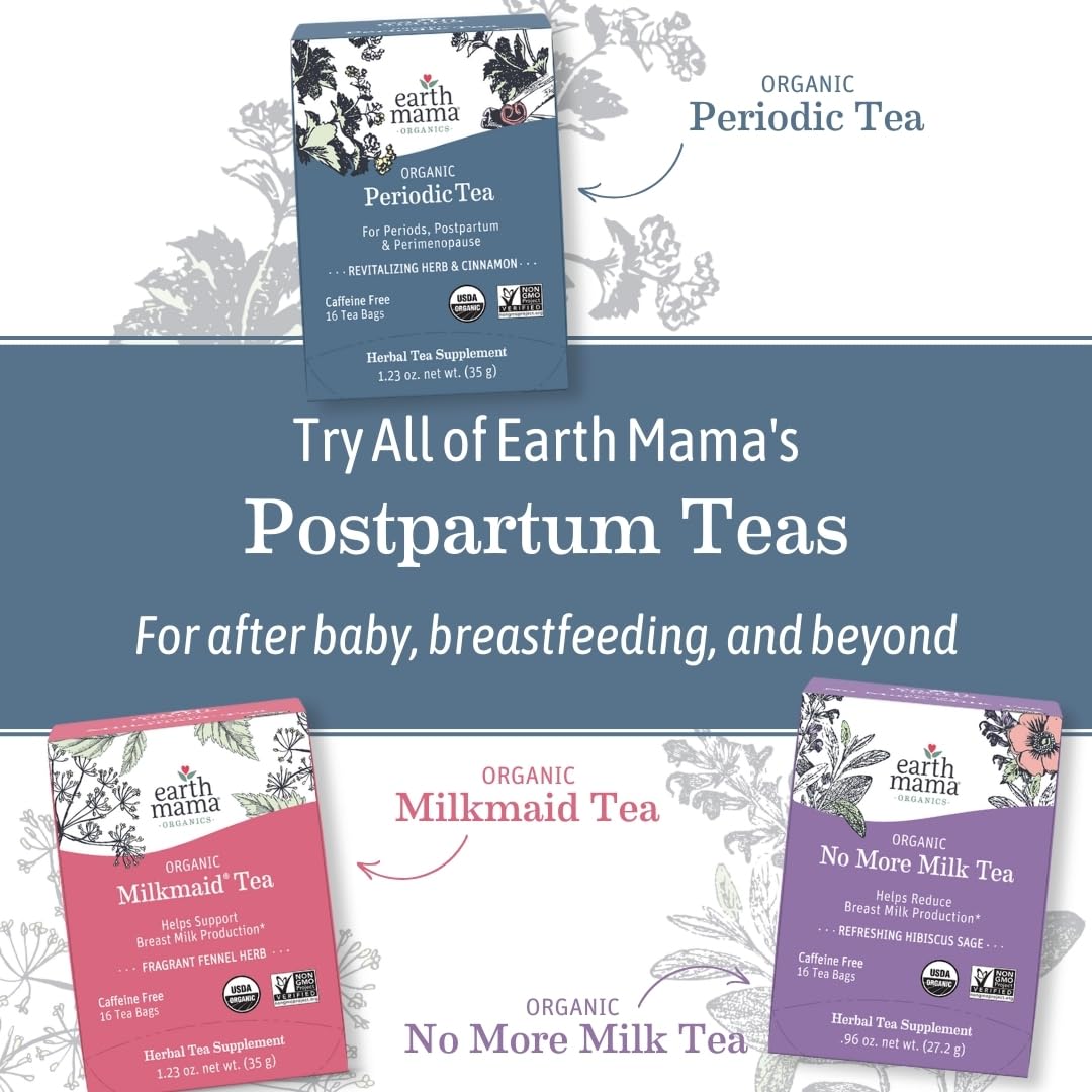 Earth Mama No More Milk Tea herbal blend illustration featuring hibiscus and herbs.