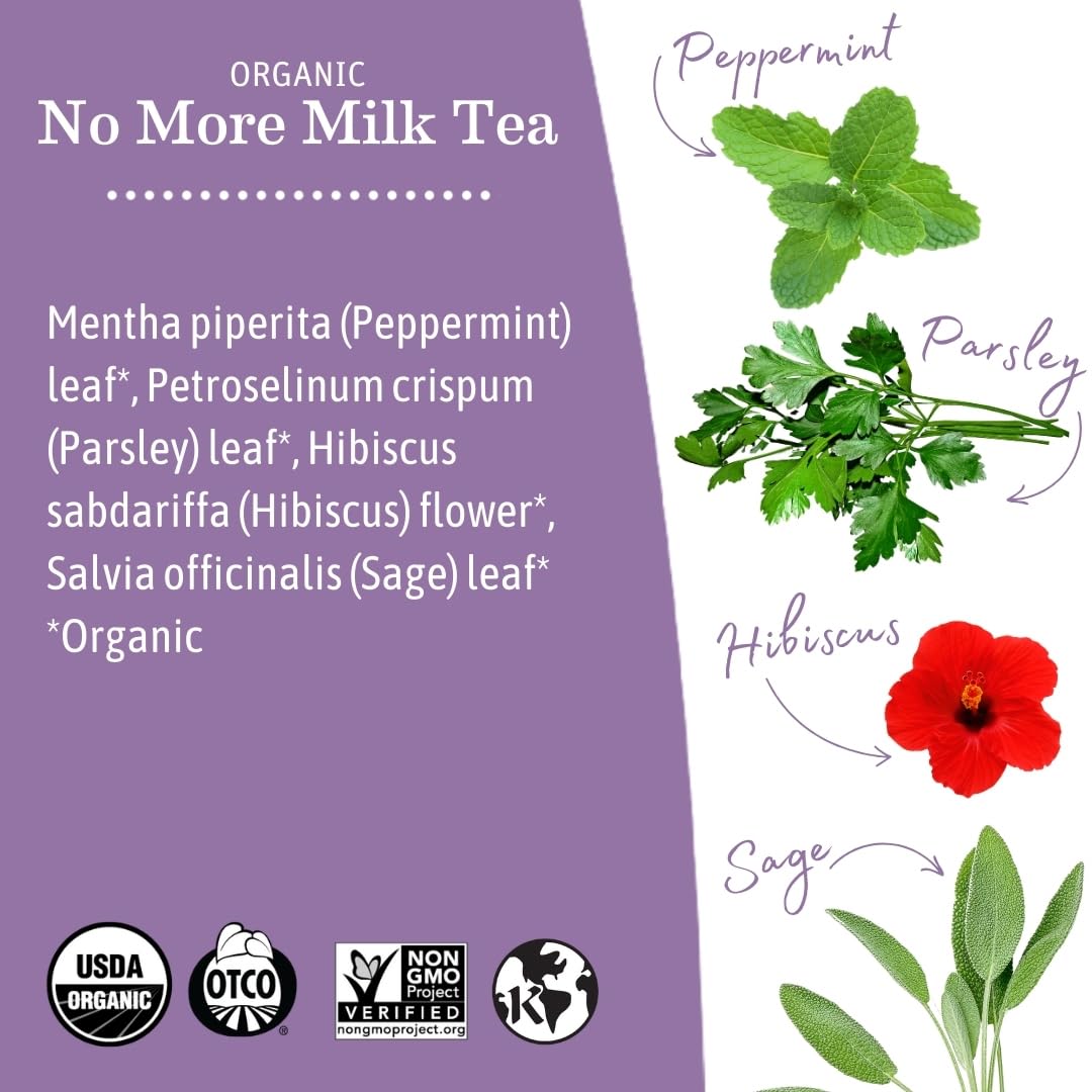 Earth Mama No More Milk Tea packaging close-up shows organic and non-GMO verification.