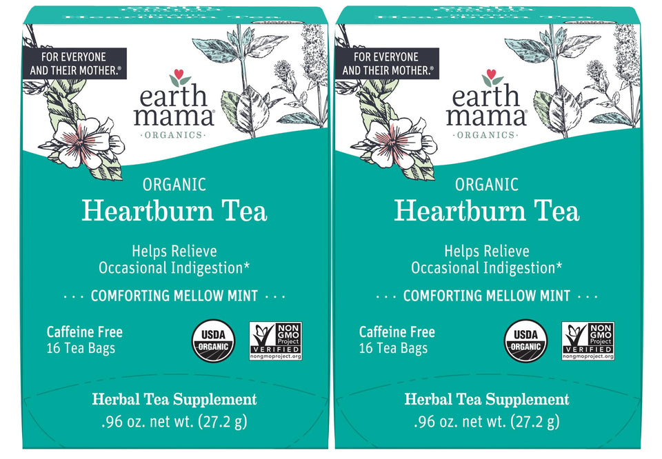 Earth Mama Organic Heartburn Tea box showcases a pregnancy-friendly herbal blend.