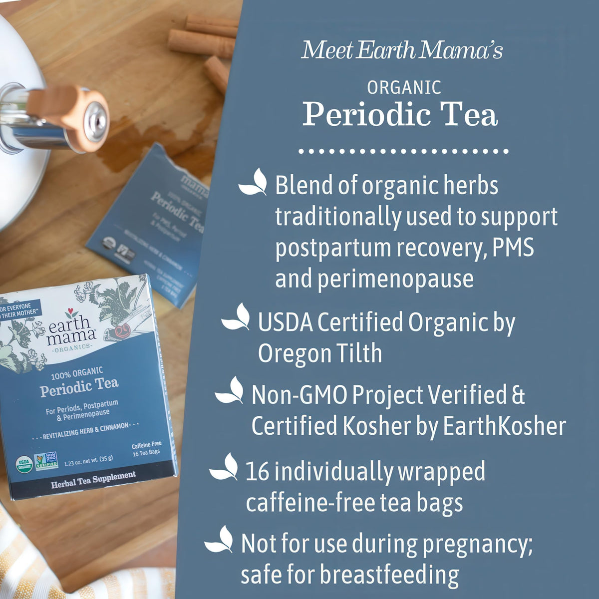 Earth Mama Organic Periodic Tea steeping cup offers warm, caffeine-free cycle comfort