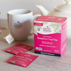Iced glass with Earth Mama Organic Raspberry Leaf Tea, caffeine free.