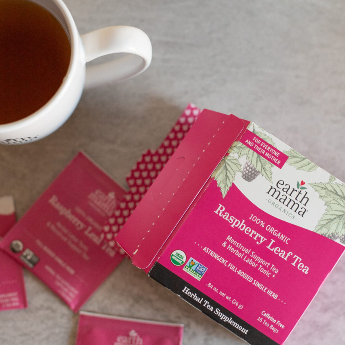 Earth Mama Organic Raspberry Leaf Tea in a morning ritual setting.