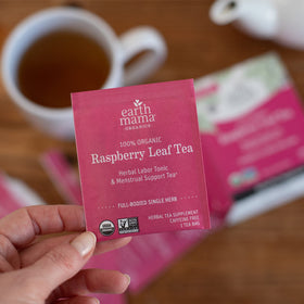 Close-up of Raspberry Leaf Tea bags from Earth Mama.