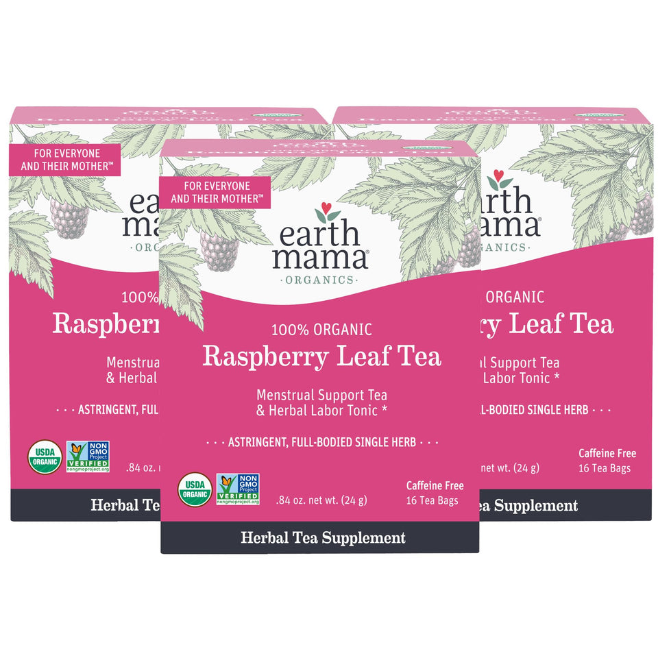 Earth Mama Organic Raspberry Leaf Tea bags for pregnancy and menstrual support.