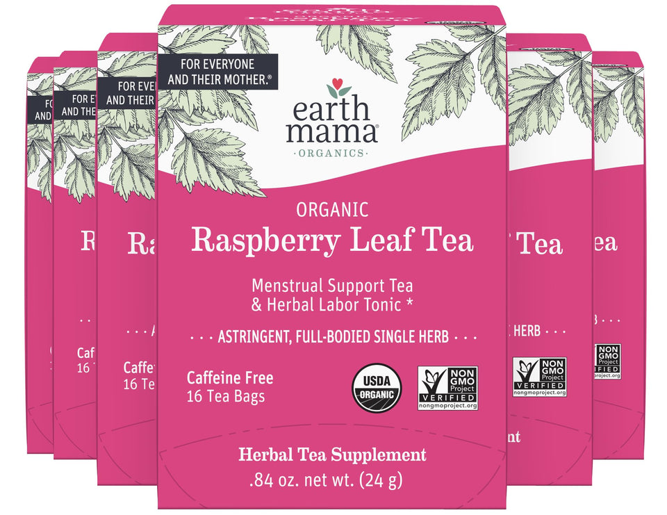 Earth Mama Organic Raspberry Leaf Tea packaging and label for pregnancy-friendly herbal tea