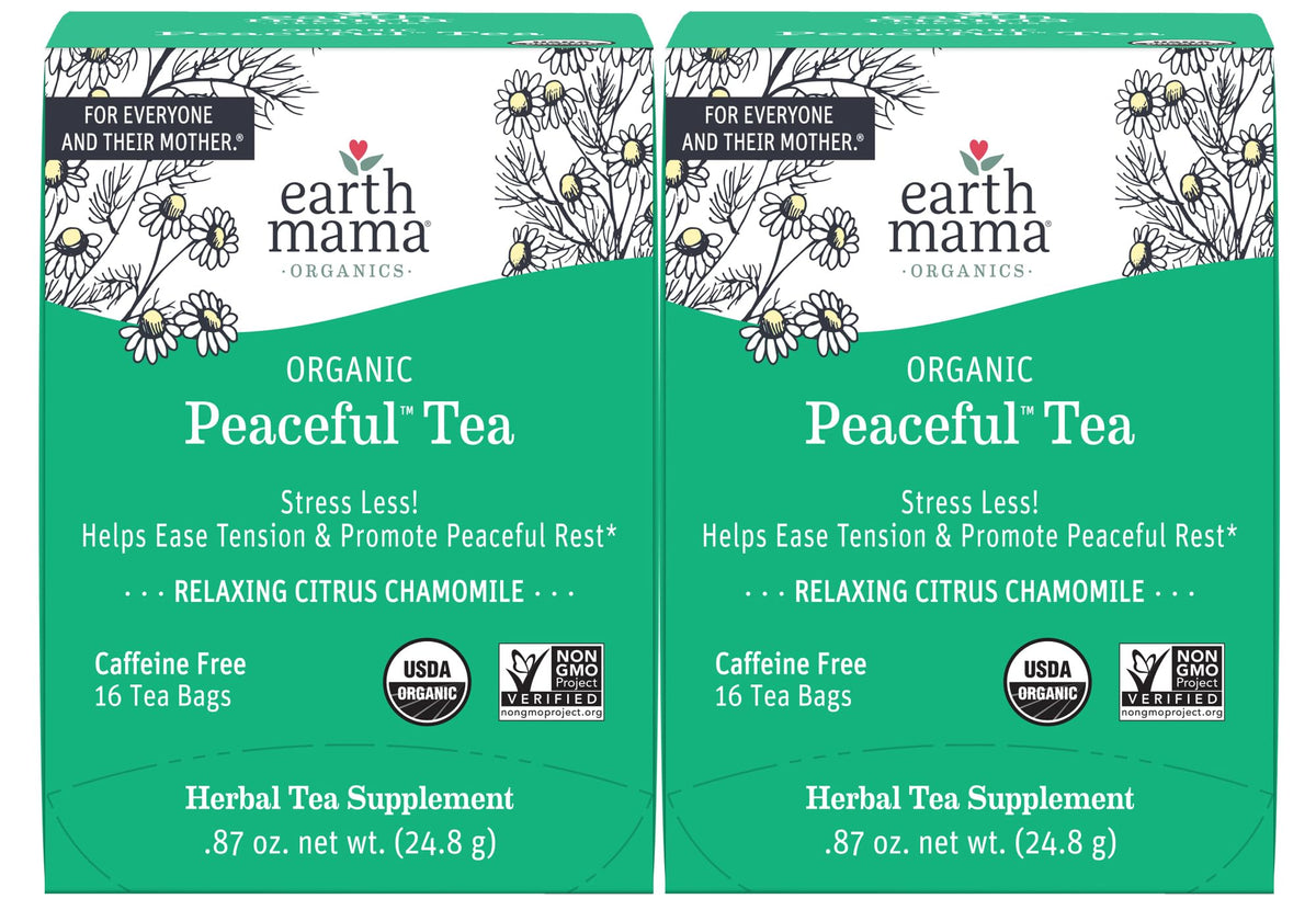 Earth Mama Peaceful Tea box front view highlighting organic ingredients for calm moments.