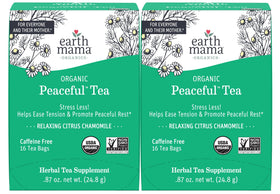 Earth Mama Peaceful Tea box front view highlighting organic ingredients for calm moments.