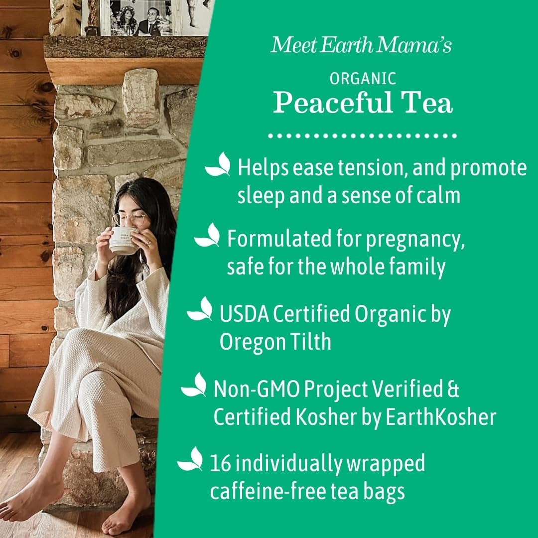 Earth Mama Peaceful Tea tea bags closeup emphasizing caffeine-free relaxation for day and night.
