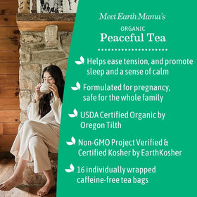 Earth Mama Peaceful Tea tea bags closeup emphasizing caffeine-free relaxation for day and night.