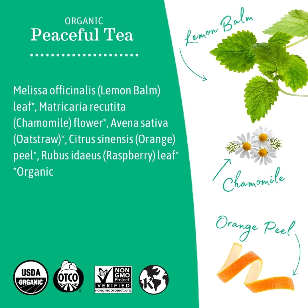 Earth Mama Peaceful Tea brewing scene with kettle, showcasing hot, soothing aroma.