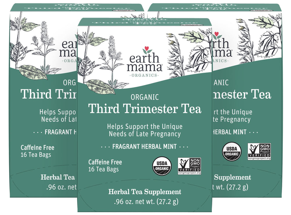 Earth Mama Third Trimester Tea bag in cup for late-pregnancy comfort.