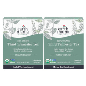 Earth Mama third-trimester tea bags packaging highlights organic blend for late-pregnancy comfort.