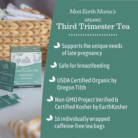 Steeping Earth Mama Third Trimester Tea in a hot cup with mint aroma.