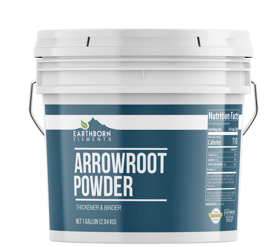 Earthborn Elements Arrowroot Powder bucket for easy storage and thickening.