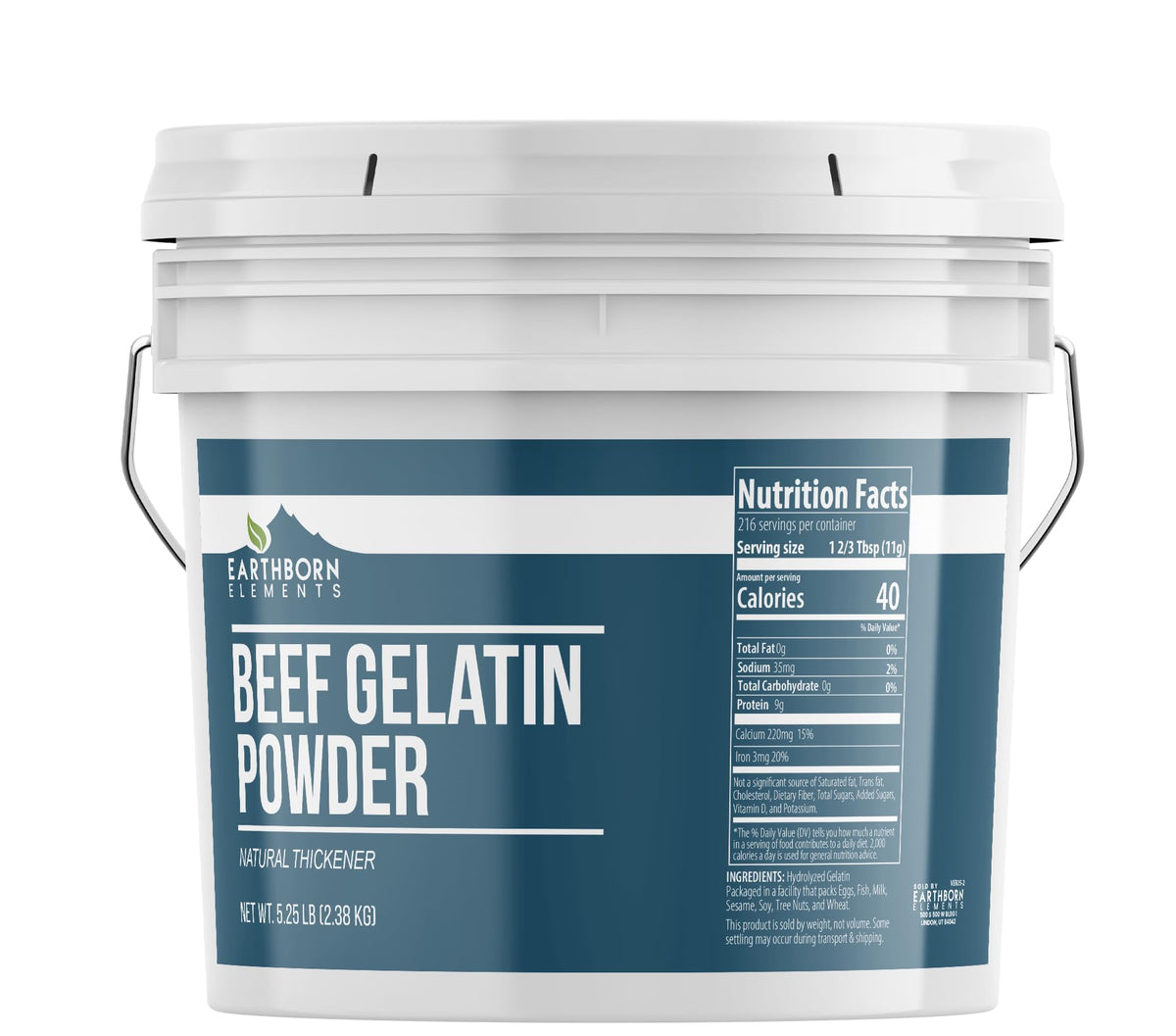 Earthborn Elements beef gelatin powder bucket on a kitchen counter for natural thickening