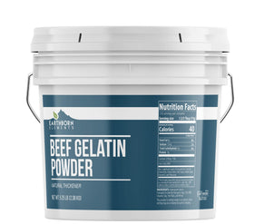 Earthborn Elements beef gelatin powder bucket on a kitchen counter for natural thickening