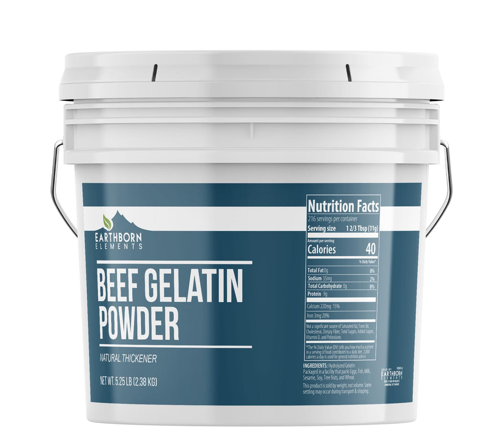 Earthborn Elements beef gelatin powder bucket on a kitchen counter for natural thickening