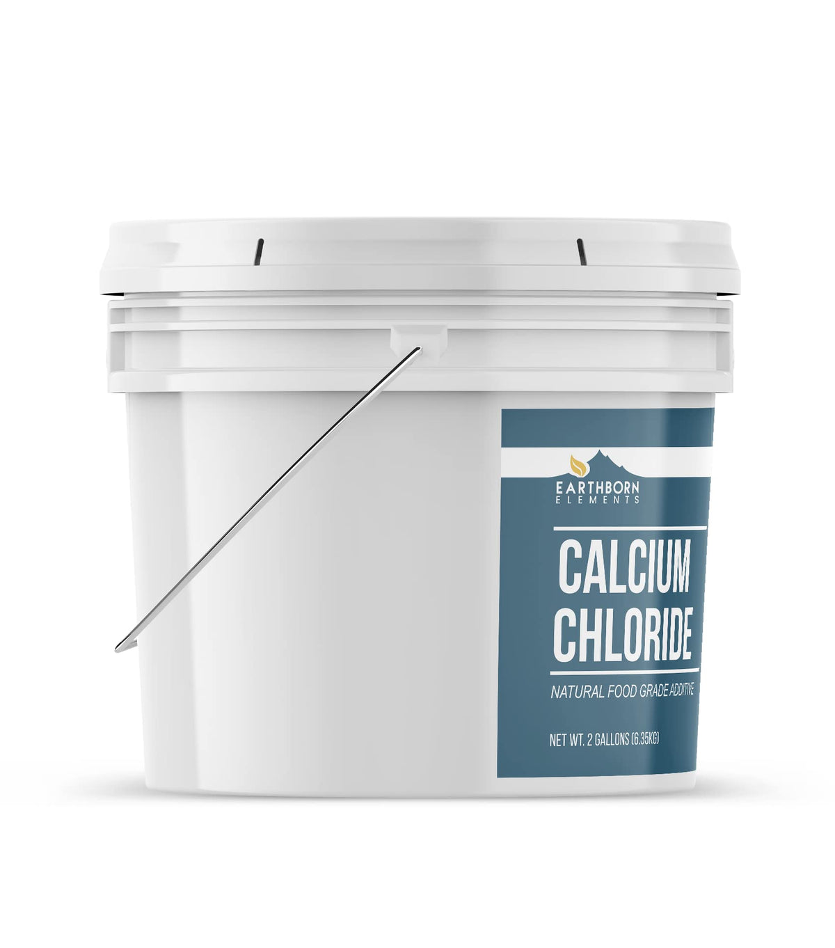 Earthborn Elements calcium chloride bucket label shows resealable packaging for easy storage.