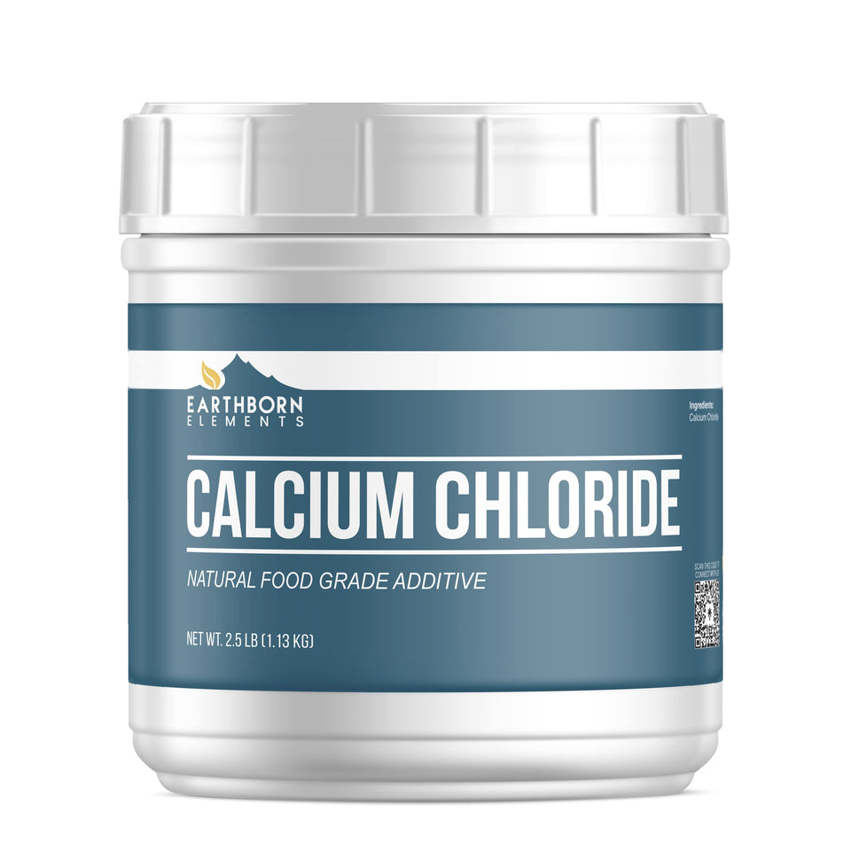 Earthborn Elements calcium chloride tub close-up with resealable lid for easy cheesemaking