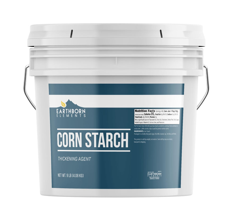 Earthborn Elements corn starch in a resealable bucket for easy kitchen use.