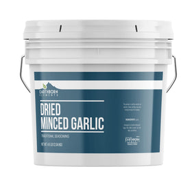 Earthborn Elements Dried Minced Garlic bucket front label showing bulk packaging for easy flavoring