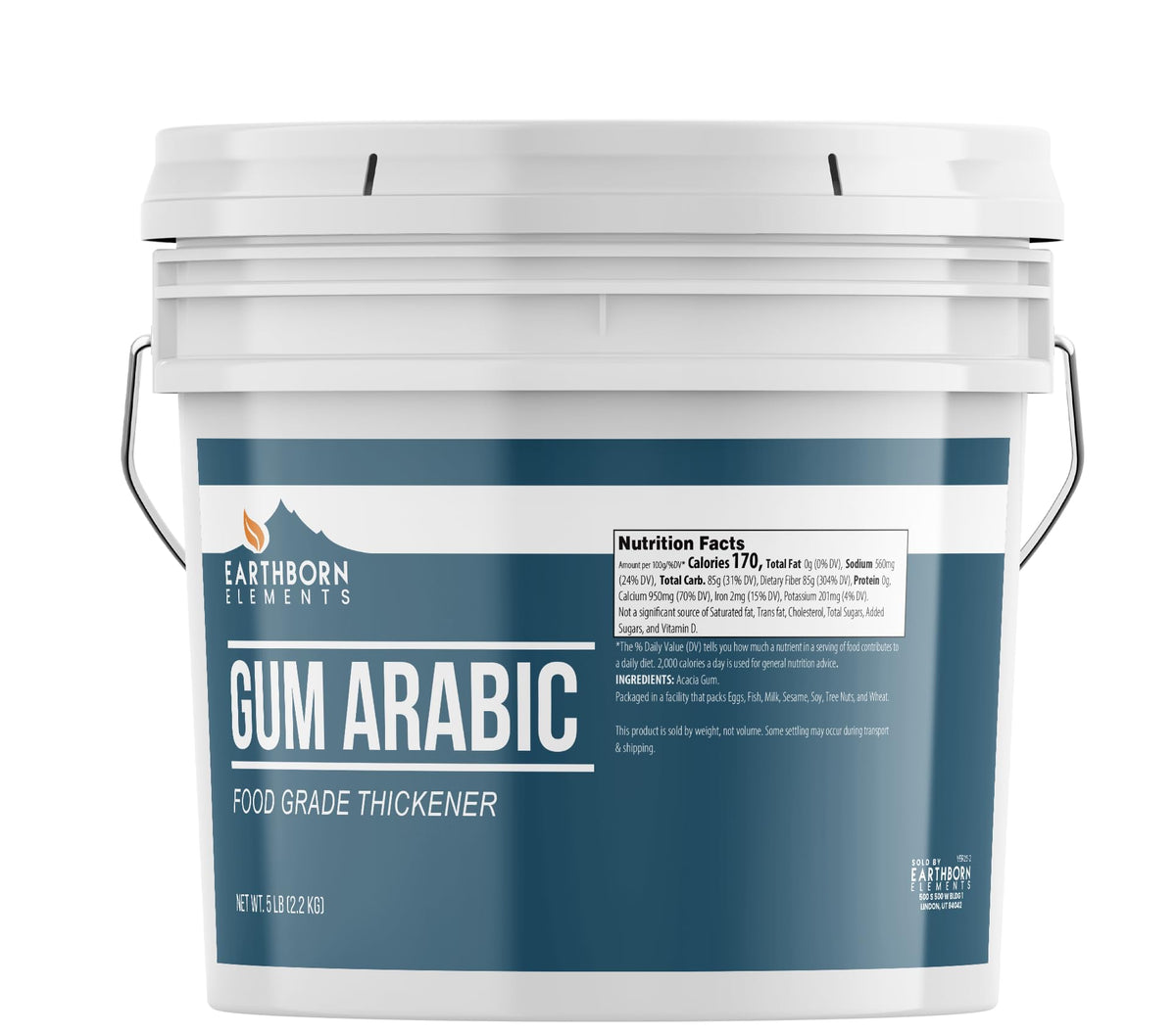 Earthborn Elements Gum Arabic acacia fiber in a resealable bucket for easy storage.