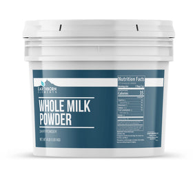 Earthborn Elements Whole Milk Powder in a resealable bucket preserves freshness for easy use.