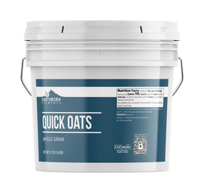 Earthborn Elements Quick Oats bucket front view with resealable lid for bulk storage.