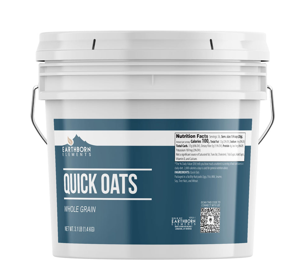 Earthborn Elements Quick Oats bucket front view with resealable lid for bulk storage.