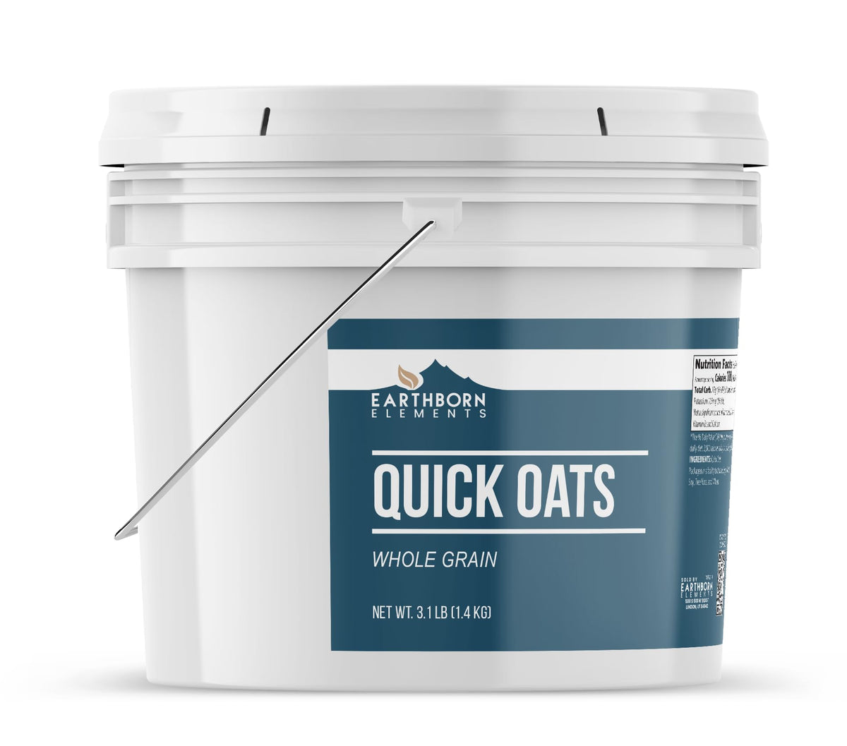 Close-up of Earthborn Elements Quick Oats label on the bucket highlighting natural ingredients and USA packaging.