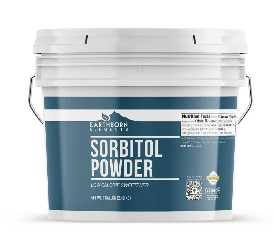 Earthborn Elements Sorbitol Powder poured from a scoop for sugar-free baking and drinks