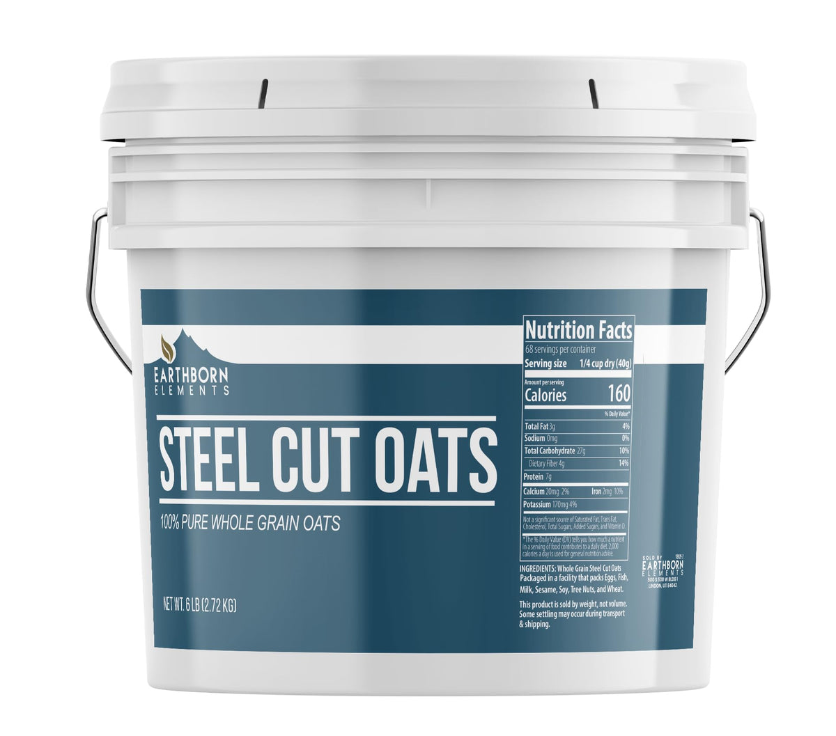 Earthborn Elements steel cut oats in a resealable bucket ready for pantry storage.