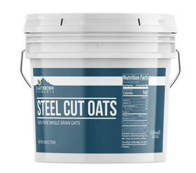 Earthborn Elements steel cut oats in a resealable bucket ready for pantry storage.
