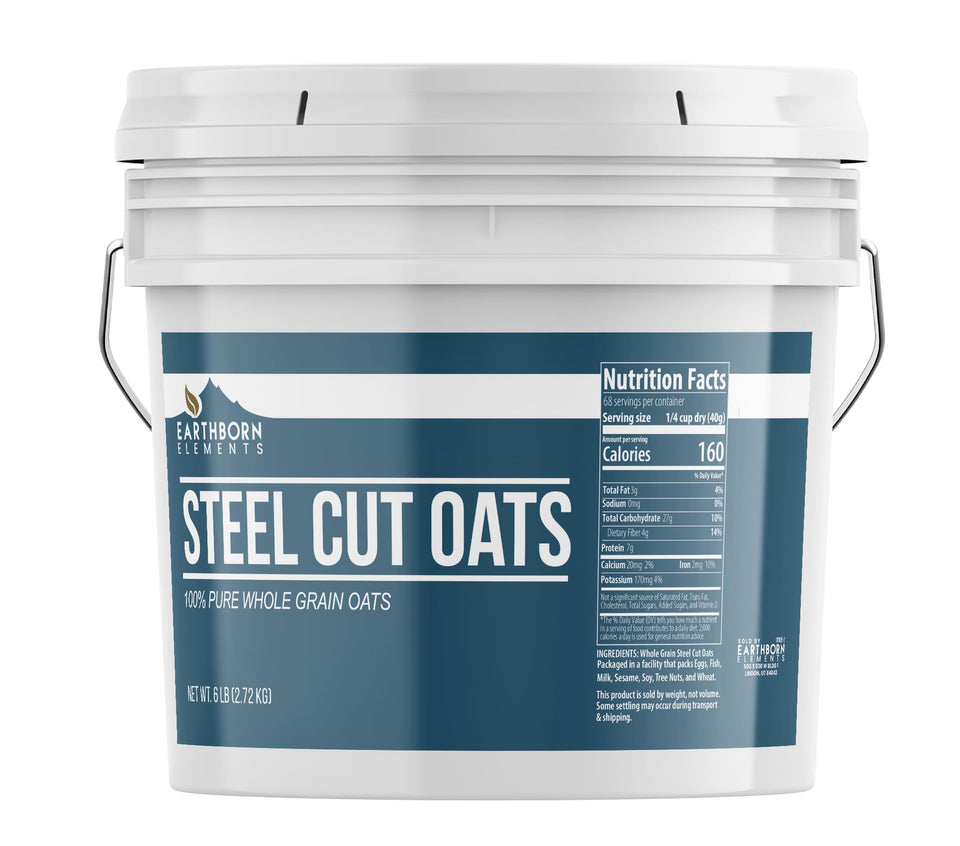 Earthborn Elements steel cut oats in a resealable bucket ready for pantry storage.