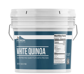 Earthborn Elements White Quinoa bucket for pantry storage and easy reseal.